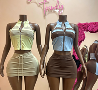 Ensemble deux pièces pour femmes, tenues sexy, hauts sans manches à fermeture éclair et mini-jupes