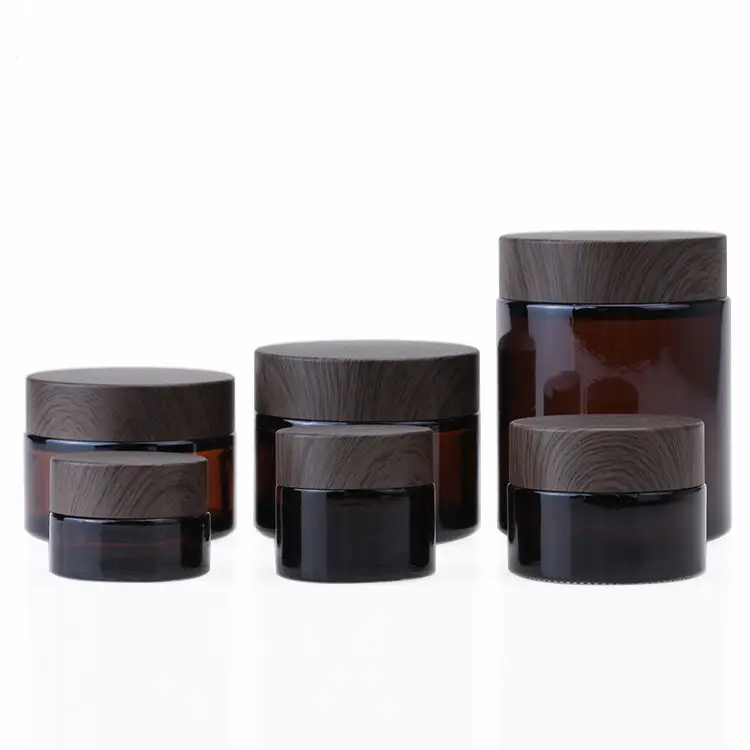 Recipiente de vidro cosmético âmbar impressão, alta qualidade, 1oz, 15g de impressão, quente, tampa de madeira escura