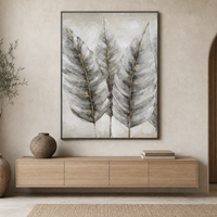 Peinture sur toile moderne à texture de feuilles, gris et blanc, peinture botanique avec accents dorés, peintures murales