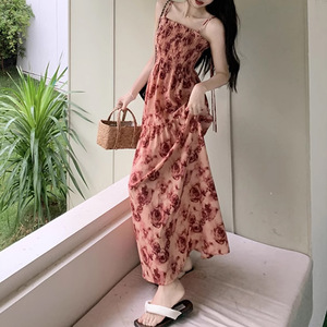 Plus Size Floral Print Sundress <b>Spaghetti</b> Strap Empire Waist <b>Long</b> Skirt Breathable Casual Dress For Women Summer 2025 - Product Image 4
