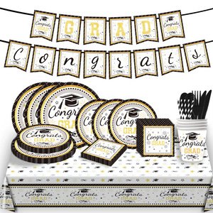 ชุดอุปกรณ์จัดงานรับปริญญาแบบใช้แล้วทิ้งสีดำ DAMAI ประกอบด้วยจาน ผ้าเช็ดปาก แก้ว ผ้าปูโต๊ะ ชุดตกแต่งงานรับปริญญาสำหรับงานฉลองสำเร็จการศึกษา - Product Image 1