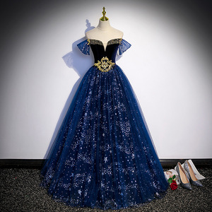Blue Off The Shoulder Ball Gown Empire Waist Royal Blue Tulle Sparkle Evening Dress For Formal Events - Product Image 1