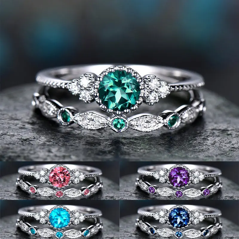مجوهرات الصانع بسيطة جولة الأخضر الزركون العصرية سبائك الفضة مطلي حلقة 2 قطعة مجموعة السيدات تكويم داينتي خاتم الأحجار الكريمة
