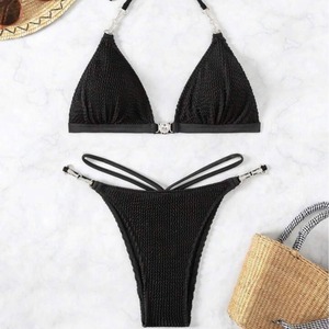 Conjunto de Bikini Negro Sólido para Mujer, con Tirantes Cruzados, Tanga, Traje de Baño, Sujetador Triangular, para Vacaciones en la Playa, Forro de Poliéster Elástico - Product Image 3