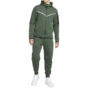 Men's Green Full <b>Zip</b> <b>Hooded</b> Tracksuit Set Solid Color Cotton Polyester Casual Jogger Pants With Side Pockets Autumn Wear - Product Image 1
