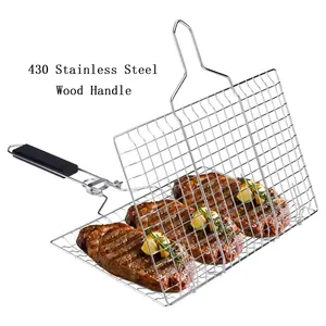 Afneembare Houten Handvat Draagbare 430 Roestvrijstalen Groentebarbecue Accessoires Gereedschapsset Bbq Grillmand