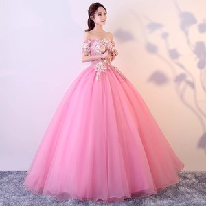Off The Shoulder Pink Tulle Ball Gown Empire Waist Floral Print Evening Dress For Banquet Performance Art Exam - Product Image 2