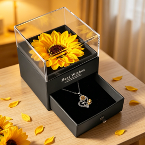 Boîte à bijoux de luxe Tournesol avec couvercle en acrylique et tiroir, pour rangement de colliers, boîte cadeau avec impression 'Meilleurs vœux' pour femme, cadeau de fêtes - Product Image 3