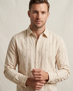 Chemises décontractées pour hommes à manches longues, coupe classique en coton, rayures teintes en fil, fermeture boutonnée avec broderie, à prix exceptionnels - Product Image 4