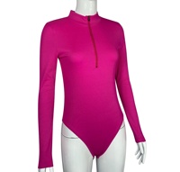 Bodysuit Wanita Seksi Bergaris Satu Potong dengan Ritsleting Depan Lengan Panjang Atasan Bodysuit Warna Solid Bahan Stretch