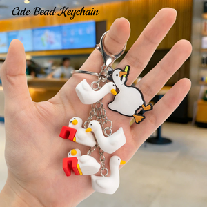 White Duck Theme New 3D Mini White Duck Bead Keychains Bulk Cute Animal Rubber Charms Bag Accessories Best Friend Keychain