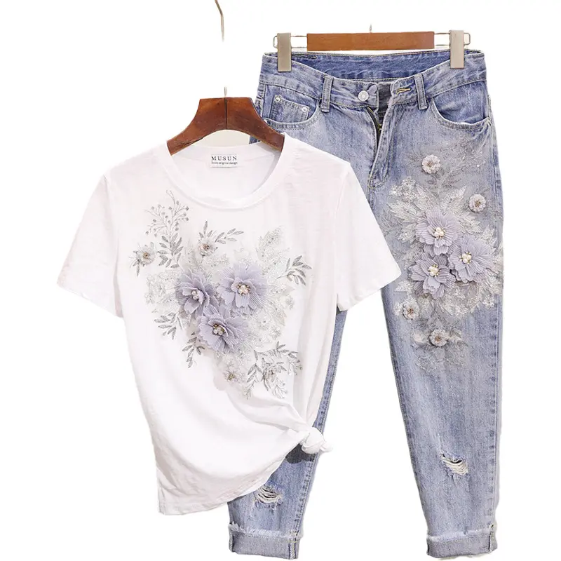 Dantel kumaş payetli boncuklu 3D çiçek pamuk T-shirt + buzağı uzunlukta kot giyim setleri yaz orta buzağı Jean takımları