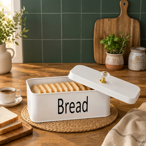 <b>White</b> Rectangular Metal Bread <b>Box</b> <b>with</b> <b>Lid</b> Crystal Knob Handle Kitchen Food Storage Container - Product Image 5