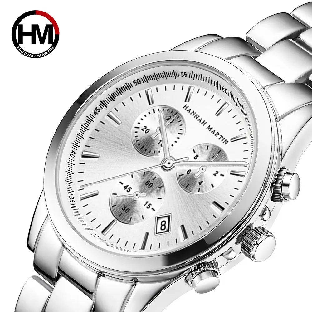 HANNAH MARTIN HM-1039 Luxury Stainless Steel Men Quartz Watch OEM Logo 3atm Waterproof Stylish Silver Watch Men