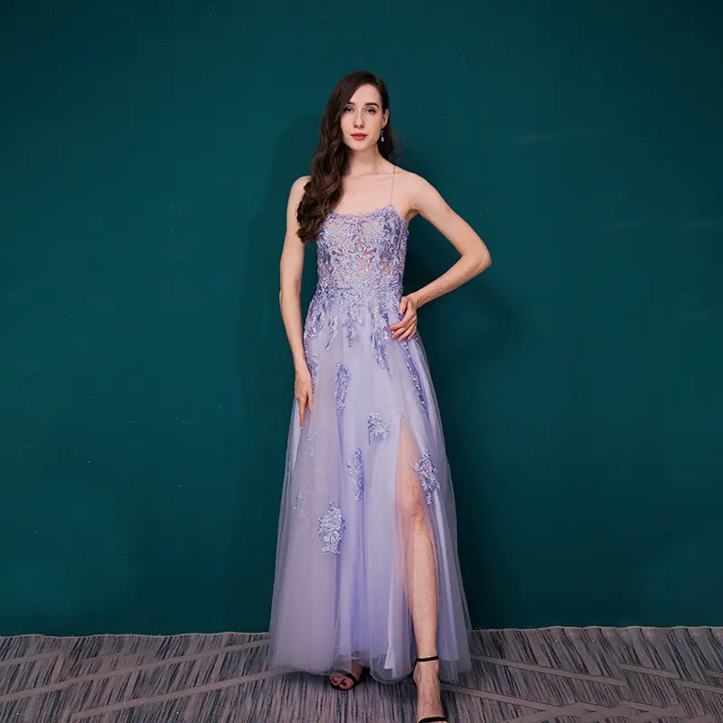 2022 High Quality Luxury Purple Embroidered Applique Lace Sleeveless Sling Long Prom Evening Dress