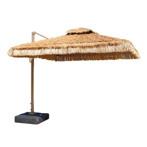 Parasol d'extérieur en paille avec mât en aluminium, base en plastique, levage manuel, protection solaire pour terrasse, design tropical - Product Image 1