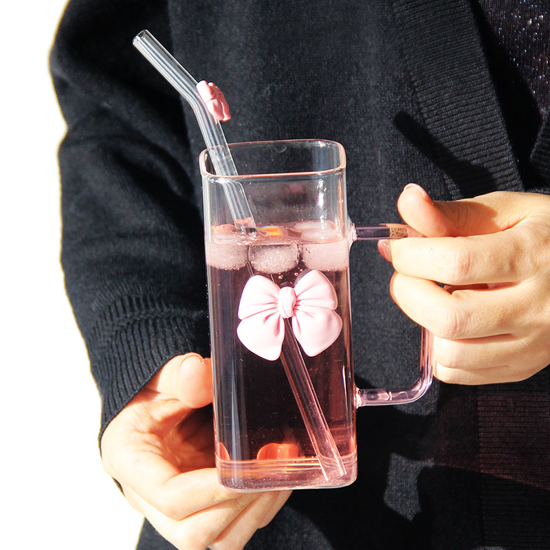 Customized Cute pink Bow square Glass Cups with Lid and Straw Heat ...
