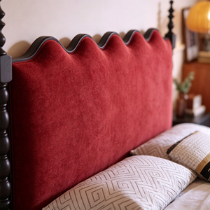 Premium Black Solid Wood Bed Frame French Vintage Wavy Red Velvet Upholstered Headboard Comfortable Bedroom Furniture Stable Hom - Product Image 3