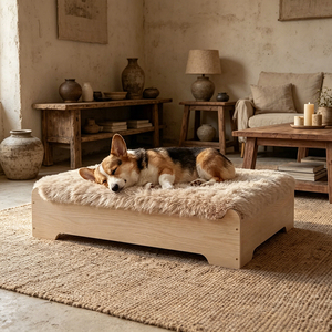 Lit surélevé pour chien avec coussin en peluche doux, base en bois robuste, housse lavable en machine, dos antidérapant à pois pour une utilisation en intérieur - Product Image 1