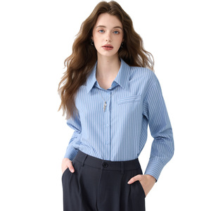 Women's Blue Striped Shirt Cotton Poplin Office Wear Elegant Professional Top - Product Image 5