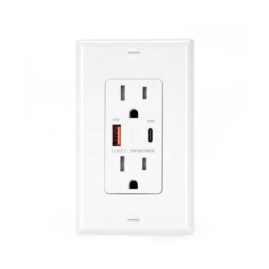 Steckdose Hersteller US-Standard Duplex 15 A Eingang mit Schnellladung USB-Anschlüsse PD20W Typ-A & Typ-C Sichere Steckdose