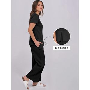 Ensemble de détente 2 pièces pour femme, manches courtes, pantalon large, tenue décontractée assortie, survêtement d'été respirant en maille - Product Image 4