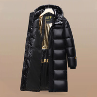 Veste décontractée tendance pour homme, col montant, noir brillant, logo doré, fermeture éclair avant, design transfrontalier, coupe longue et ample, épaisse