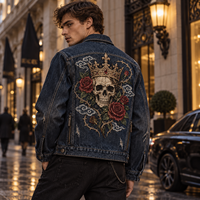 Veste en jean personnalisée pour homme, vente en gros B2B, style vintage délavé, broderie tête de mort et rose, streetwear, OEM ODM