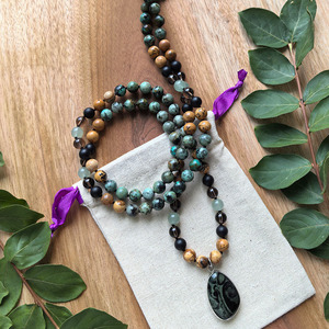 Collier Mala naturel à 108 perles nouées à la main, Quartz fumé, Jaspe picturé, Turquoise africaine, Pendentif Kibala, Cadeau de yoga bien-être - Product Image 5
