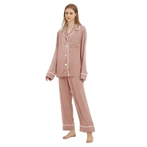 New Causal Women Long Sleeve Silk Pajamas Set Custom Sleepwear for Soft Notch Collar