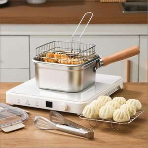 2026 ऑल-इन-वन नया डिजाइन स्क्वायर फ्रायर पॉट स्टेनलेस स्टील सब्जी कोल्ंडर्स लकड़ी के हैंडल के साथ - Product Image 1