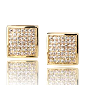 Hot Threaded Earrings Hiphop Micro Encrusted Zircon Gold Plated Square Stud For Men Alloy Ear Chain