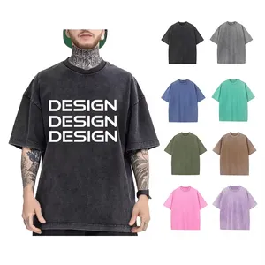 Camiseta de algodão para homens, camiseta personalizada com estampa de logotipo vintage, lavagem ácida e tamanho grande