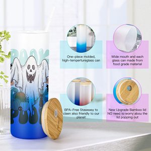 Vente en gros de verres personnalisés de 16 oz, transparents et givrés, pour sublimation, en forme de bocal Mason, de canette de bière ou de tasse, avec couvercle en bambou - Product Image 5