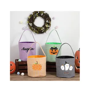 Wholesale Plaid Trick Treat Tote Halloween Party Decoration Gift Bucket Candy Bag Gingham Halloween Basket