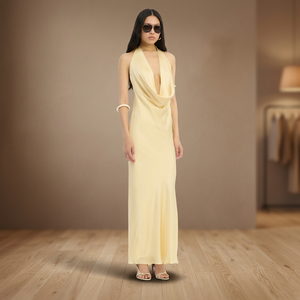 Vestido Largo de Satén Amarillo para Mujer 2026, Cuello Halter, Escote Profundo en V, Lazo en la Espalda, para Invitadas de Boda, Damas de Honor, Eventos Formales - Product Image 3