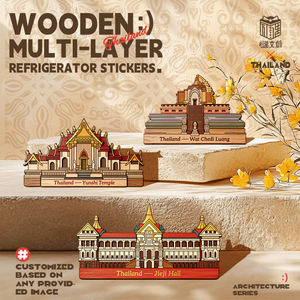 Aimants de réfrigérateur 3D en <span class=keywords><strong>bois</strong></span> de la série Architecture Thaïlandaise OEM, motif Wat Chai Luang Yunshi Tenple Jaiji Hall, tuile magnétique, souvenir cadeau - Product Image 1