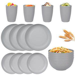 Service de table en plastique gris incassable et réutilisable, 16 pièces, assiettes, bols, tasses, vaisselle en paille de blé, pour 4 personnes - Product Image 3
