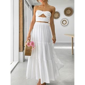 FOXA Women's Summer Boho Tiered A-Line Maxi <b>Skirt</b> <b>Elastic</b> Waist Cotton Breathable Long Beach Style - Product Image 2