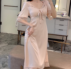 Camicia da Notte Sexy a Maniche Corte per Ragazze, in <span class=keywords><strong>Pizzo</strong></span> Traforato e Seta Ghiaccio, Vestito Lungo Indossabile come <span class=keywords><strong>Pigiama</strong></span> - Product Image 1