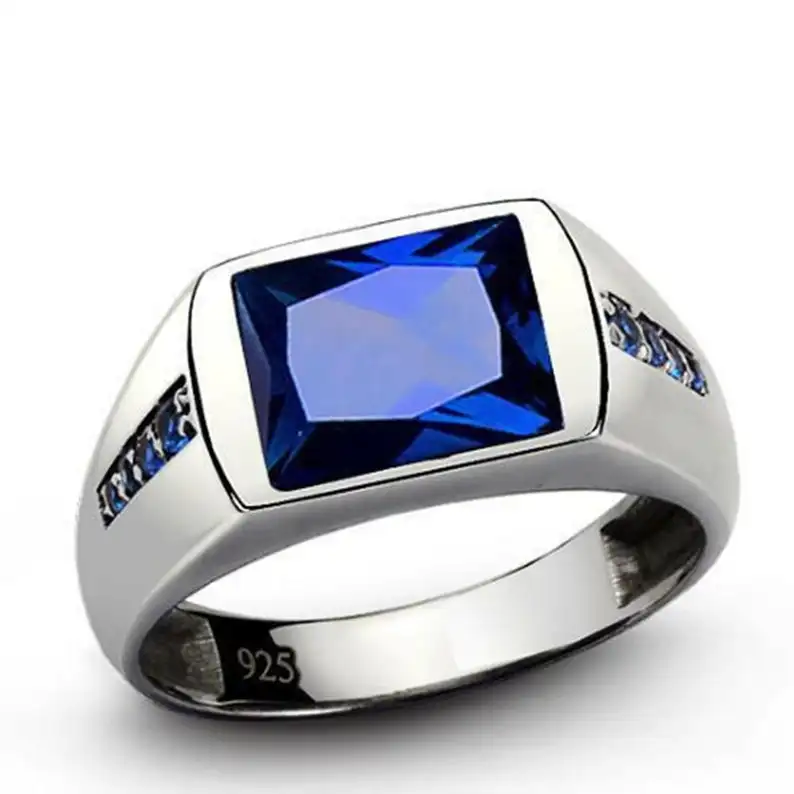 Blauwe Saffier Natuurlijke Edelsteen Sieraden Emerald Cut 7 Carat Ringen 925 Sterling Zilveren Handgemaakte Sapphire Trouwring