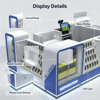 Kiosque mobile de réparation de téléphones personnalisé, bleu et blanc, avec étagères de présentation en verre multicouche, comptoir de caisse POS intégré et éclairage LED