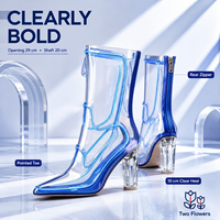 Sepatu Boots Wanita Transparan Anti Air Model Runcing Hak Tinggi 10cm Warna Biru Ungu untuk Pesta dengan Ritsleting Belakang