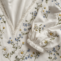 Robe décontractée pour femme, col plongeant en V, manches bouffantes, broderie florale, robe midi, coton 220GSM, coupe trapèze, logo personnalisé OEM, robe décontractée