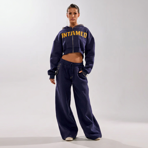 <b>Women's</b> <b>Navy</b> <b>Blue</b> Cropped Hoodie Jogger Set Full Sleeve Printed Letter Design Loose Fit 2-Piece Sweatshirt Pants All Seasons - Product Image 1
