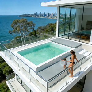 สระว่ายน้ำไฟเบอร์กลาสพร้อมโซฟาพักผ่อน ทนทาน เหมาะสำหรับการพักผ่อนในสวนหลังบ้าน อุปกรณ์สระว่ายน้ำ สระว่ายน้ำสำหรับเด็ก - Product Image 1