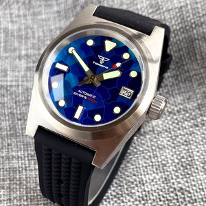 Montre de plongée Tandorio 62mas <span class=keywords><strong>38mm</strong></span> |   Montre à remontage automatique avec cadran en nacre bleu glacé, verre saphir bombé et bracelet gaufré, marque haut de gamme - Product Image 5