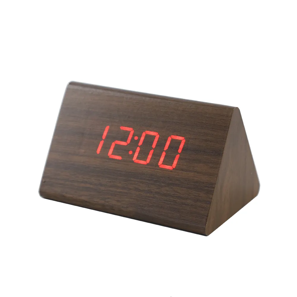 Display Time and Temperature LED Triangle Digital Desk Wooden Alarm Clock