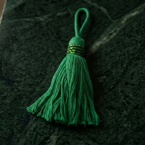 Green Fabric Tassel Decor With Beaded Detail Bohemian Style Hanging Ornament For Indoor Living Room Use - Product Image 1