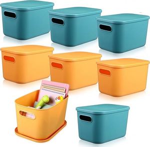 Colorful Storage Bins with Lid and Handle Plastic Stackable Baskets Desktop Cube <b>Box</b> Cubby Bins Containers for Shelf Cabinet - Product Image 1